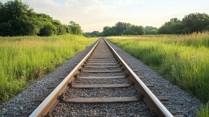 Fototapeta premium Tranquil Railroad Tracks Through Summer Greenery