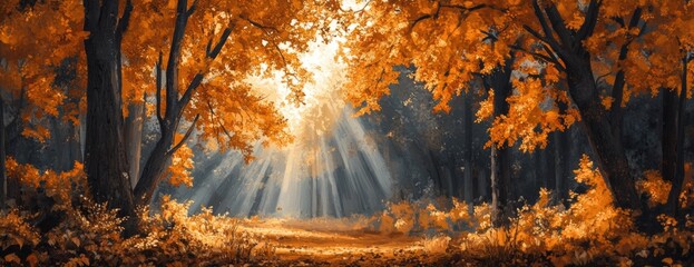 Sunset Shining Through Autumn Leaves on a Forest Floor