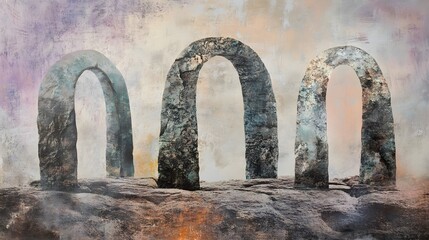 Three Stone Arches Against a Misty Background