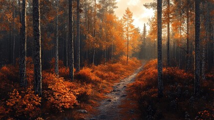 Fototapeta premium Misty Autumn Birch Forest with Rocky Pathway