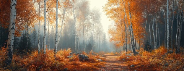 Misty Autumn Birch Forest with Rocky Pathway