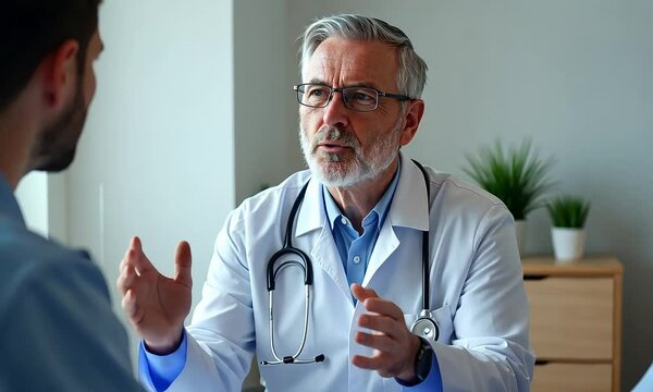 A doctor in a white coat and stethoscope is consulting with a patient in an office setting. The doctor appears to be explaining something to the patient, who is listening intently.