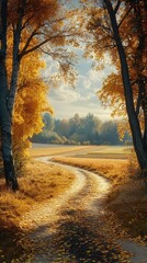 Fototapeta premium Golden Vineyard at Sunset with Rolling Hills and Trees in a Scenic Autumn Countryside