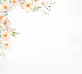 Elegant watercolor floral border background with copy space and soft pastel flowers and leaves on a white background, perfect for designs.