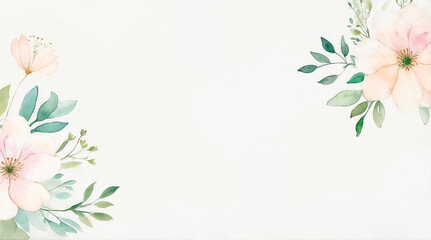 Elegant watercolor floral border background with copy space and soft pastel flowers and leaves on a white background, perfect for designs.