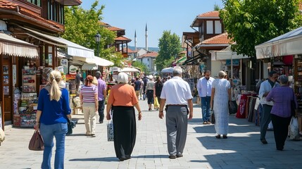 Fototapeta premium People at a local market in a small town, showing cultural diversity, sunny day, bright colors