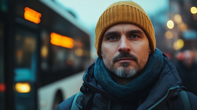 a man in a yellow hat and scarf stands in front of a bus on a city street at night - Powered by Adobe