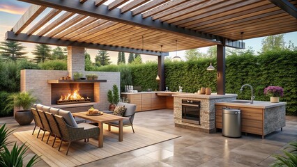 Fototapeta premium outdoor living, summer, patio, fireplace, outdoor, An open kitchen in the backyard with a pergola wood burning stove and fireplace decorated in a modern and elegant style