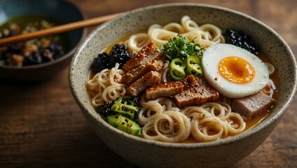 Traditional Japanese ramen bowl filled with noodles and toppings.