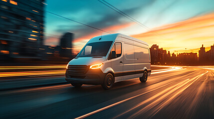 a white van driving down a street at sunset