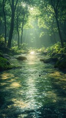 Sunlit River Flowing Through a Green Forest with Trees and Lush Vegetation in a Tranquil Setting