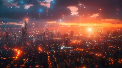 Fototapeta premium Cityscape at Sunset with Digital Network