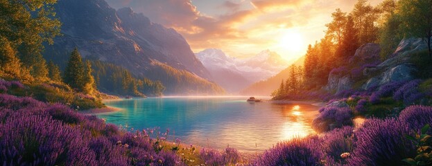 Sunrise Over a Pristine Mountain Lake Surrounded by Purple Wildflowers and Towering Peaks