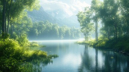 Serene Stream Winding Through a Lush Green Forest with Trees and Reflections on a Sunny Day