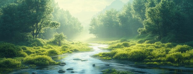 Serene Stream Winding Through a Lush Green Forest with Trees and Reflections on a Sunny Day