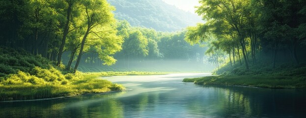 Tranquil River Surrounded by Lush Green Vegetation in a Peaceful Forest Landscape on a Sunny Day