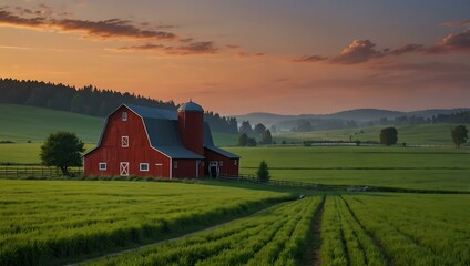 Tranquil farm scene at dusk featuring a red barn and green fields.