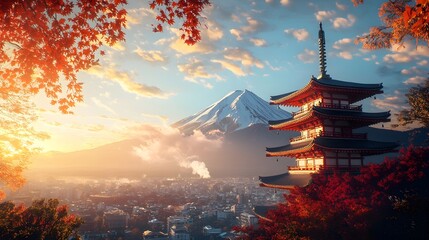 Naklejka premium Chureito Pagoda framed by majestic Mount Fuji picture
