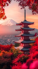 Fototapeta premium Stunning Chureito Pagoda beside towering Mount Fuji image