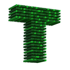 3D isometric letter T font made from binary code digits on transparent background PNG