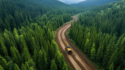 Excavator on Winding Forest Road Under Cloudy Sky