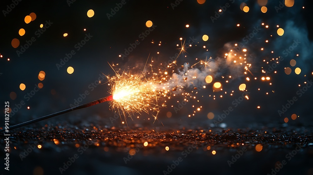 Poster a single burning sparkler with a trail of sparks and smoke against a dark background with bokeh ligh