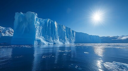 Melting blue icebergs in the polar sea. Nature, climate change and global warming concept. Landscape view for wallpaper, poster, card