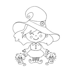 Line sketch of a funny little witch with little kittens. Vector graphics.