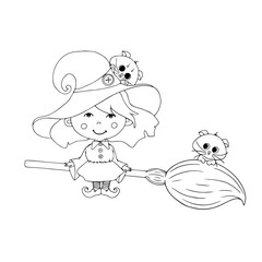 Line sketch of a funny little witch flying on a broomstick. Vector graphics.