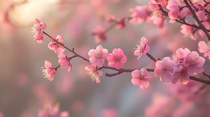 Obraz premium Close-up of delicate pink cherry blossoms blooming on a branch against a blurred background.