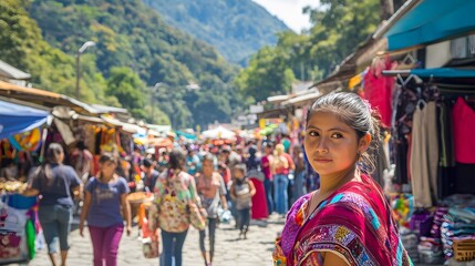 Obraz premium People at a local market in a small town, showing cultural diversity, sunny day, bright colors