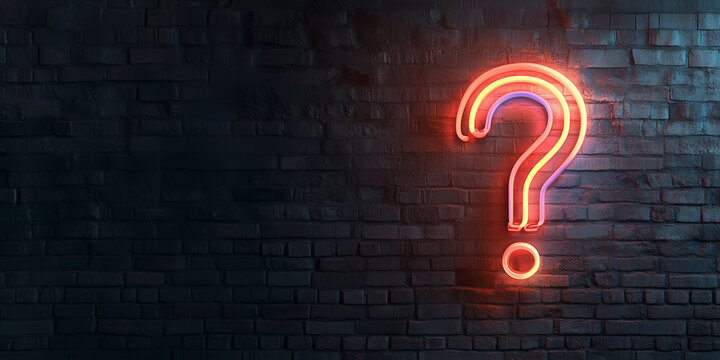 Neon sign in form of a question mark on a wall background representing questions session backdrop