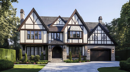 Traditional tudor style house with modern twist. Tudor Architecture. Illustration