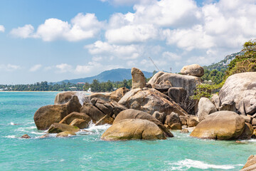 Rocky seashore beach Hin Ta Hin Yai, famous landmark at Samui island, Thailand