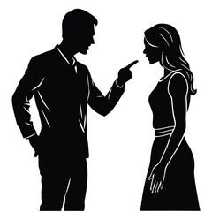 a black silhouette of a man and a woman standing side by side. The man is on the left side of the image and is pointing his finger towards the woman on the right side. vector silhouette, 