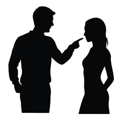 a black silhouette of a man and a woman standing side by side. The man is on the left side of the image and is pointing his finger towards the woman on the right side. vector silhouette, 