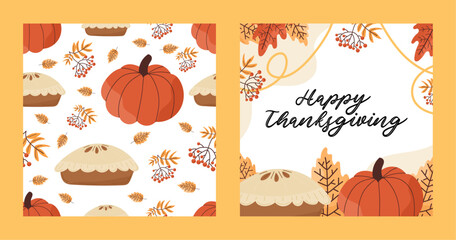 Cozy Thanksgiving vector set with pumpkins, pies, autumn leaves and festive elements in warm. Cute illustrations in traditional home thanksgiving style. For autumn banners, social media patterns.