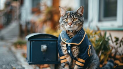 Adorable Cat Dressed as a Mail Carrier with Mini Mailbox,National Postal Worker Day