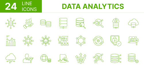 Collection of 24 Data Analytics line icons featuring editable strokes. These outline icons depict various modes of Data Analytics, business, technology, illustration, concept, set, 