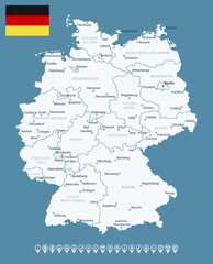 Germany - detailed country map with cities and regions. Infographic icons. Vector illustration.