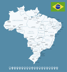Naklejka premium Brazil - detailed country map with cities and regions. Infographic icons. Vector illustration.