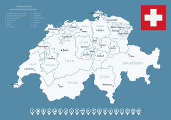 Switzerland - detailed country map with cities and regions. Infographic icons. Vector illustration.