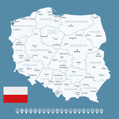 Poland - detailed country map with cities and regions. Infographic icons. Vector illustration.