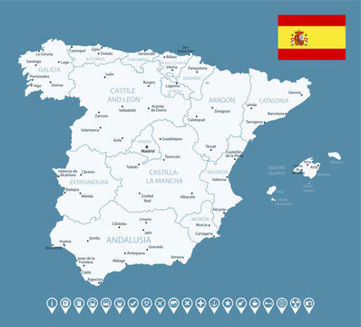 Spain - detailed country map with cities and regions. Infographic icons. Vector illustration.
