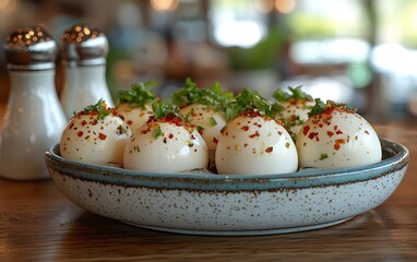 Obraz premium Gourmet deviled eggs with herbs and spices on rustic plate
