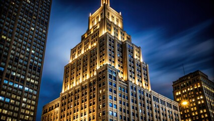 Fototapeta premium Illuminated historic skyscraper with asymmetrical lighting at night, exterior, asymmetrical, facade, glowing, building, structure, city, illuminated, high-rise, evening, historic,night