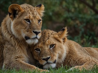 Two lion cubs cuddling, symbolizing friendship.