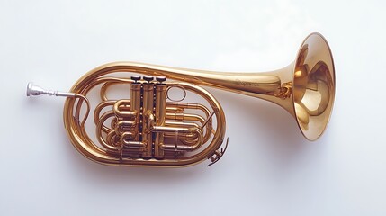 A golden French horn lies on a white background.