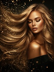 Beautiful woman with long, flowing blond hair, with golden glitter floating around her. Black background.
