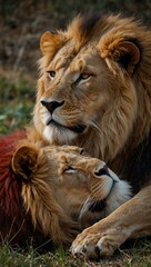 Two lions, one white and one red, sleeping together.